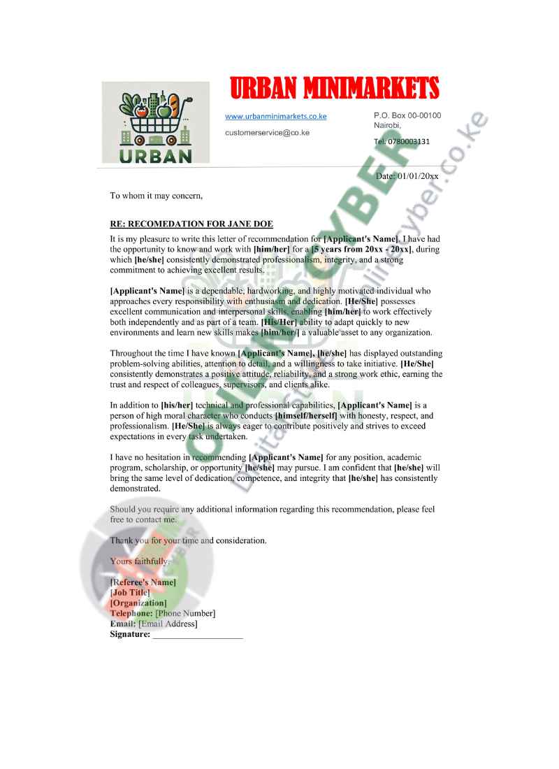 Preview of Recommendation Letter Template
